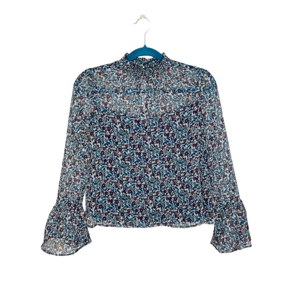 Xhilaration Bell Sleeve Mock Neck Ditsy Floral Semi Sheer Blouse - Picture 1 of 10